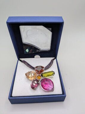 Swarovski Flower Pendant Necklace Multicolor Crystal Leather Box Certificate